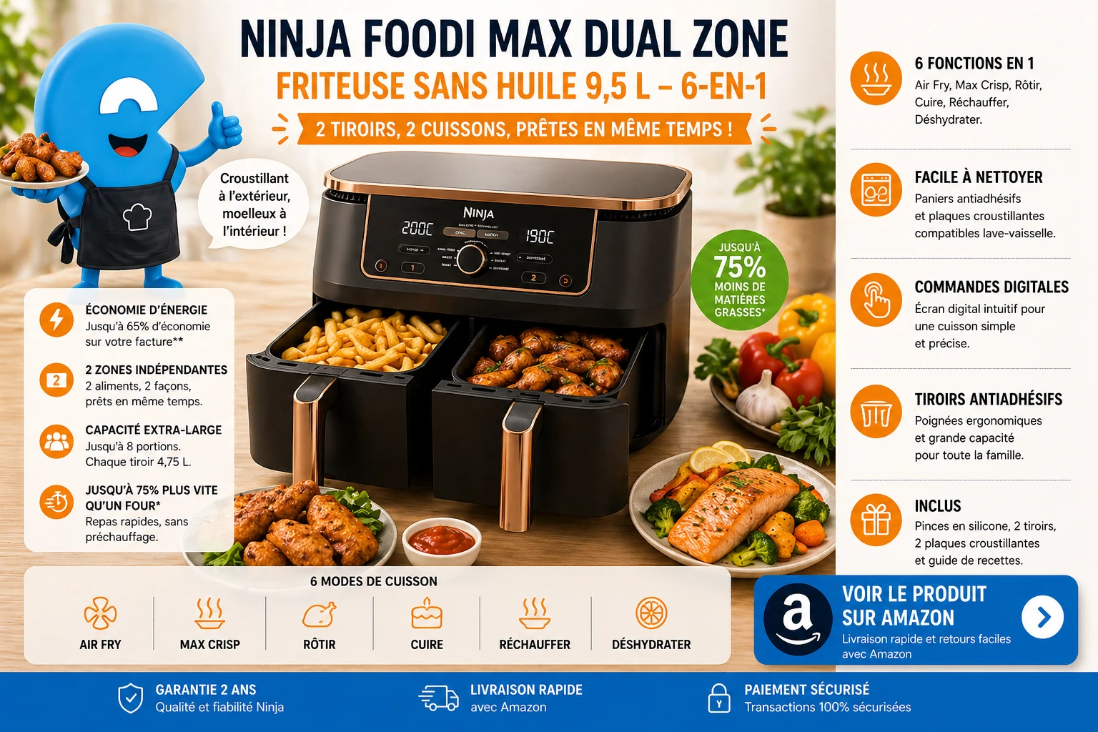Ninja Foodi MAX Dual Zone Air Fryer 9,5L — 2 tiroirs, 6-en-1