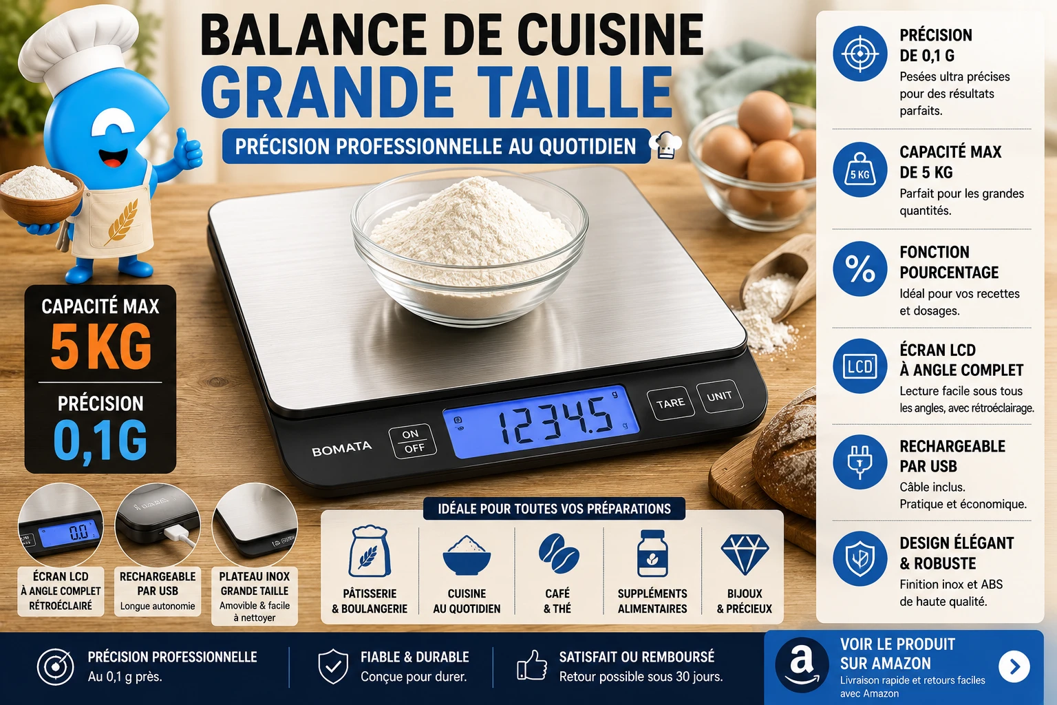 BOMATA Balance de cuisine 5 kg — Précision 0,1 g, USB-C