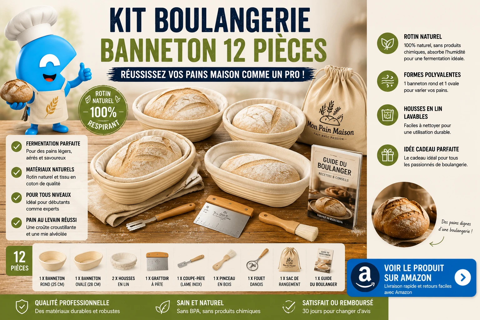 Clheatky Kit Banneton Pain & Levain 12 pièces — Rotin naturel