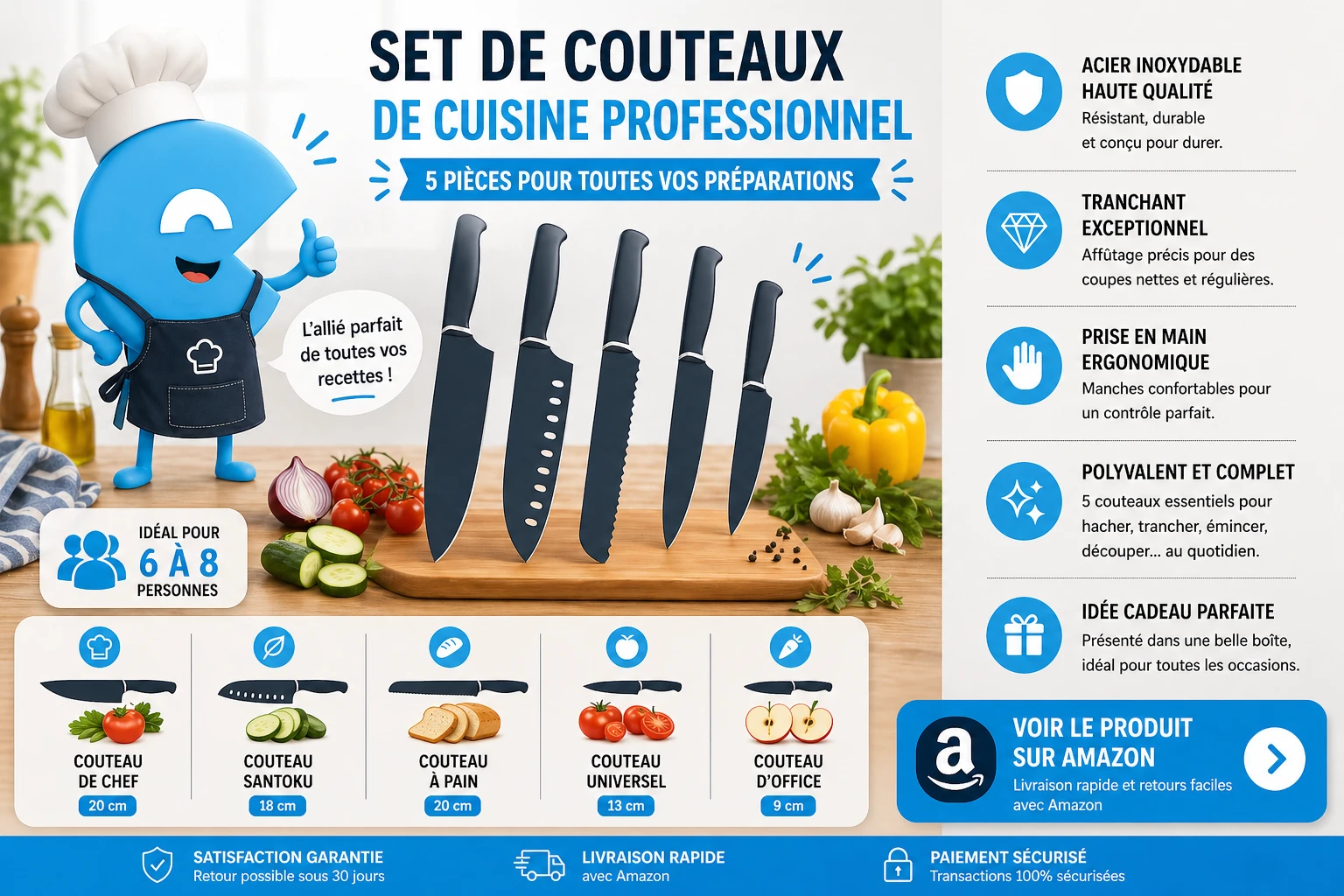 Sunnecko Set Couteaux Pro 5 pièces — Acier japonais