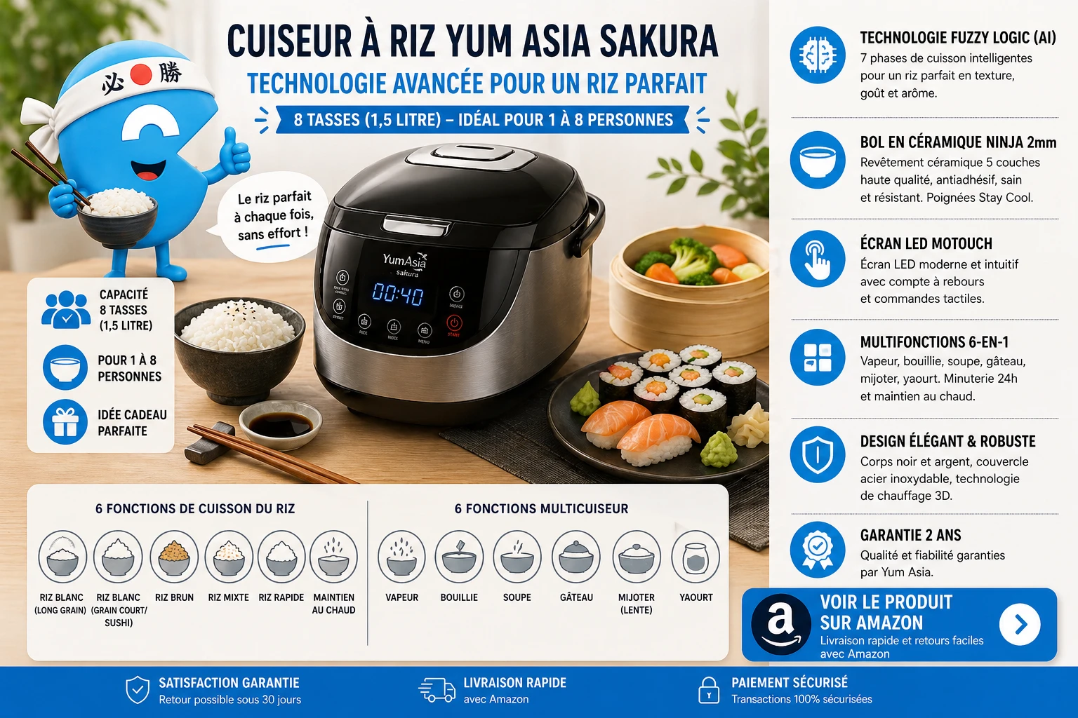 Yum Asia Sakura Cuiseur à riz 8 tasses — Bol céramique