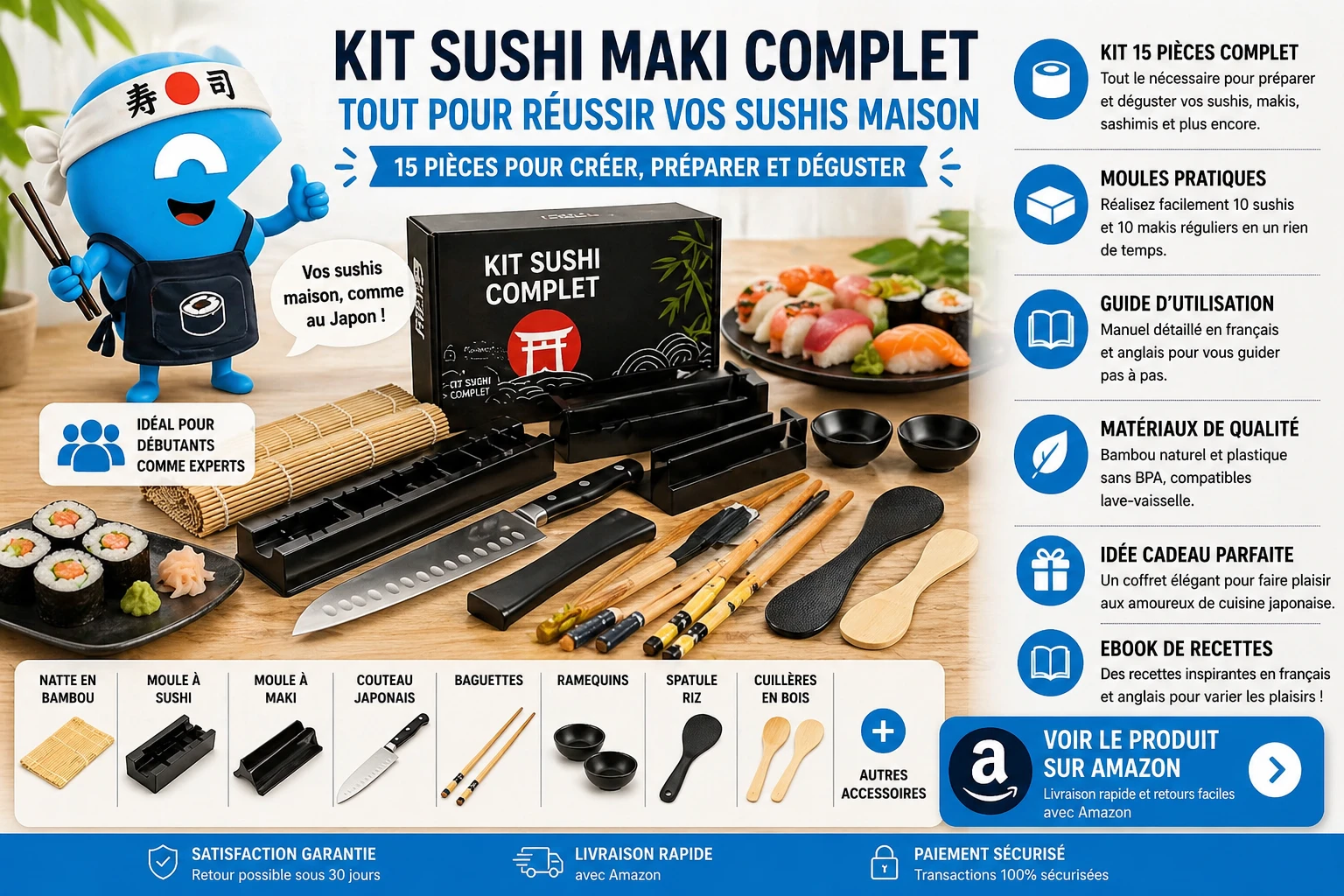 Lisigoo Kit sushi maki 15 pièces — Coffret complet