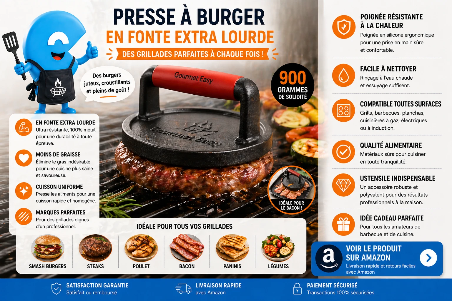 Gourmet Easy Presse à Burger en Fonte 900g — Poignée silicone