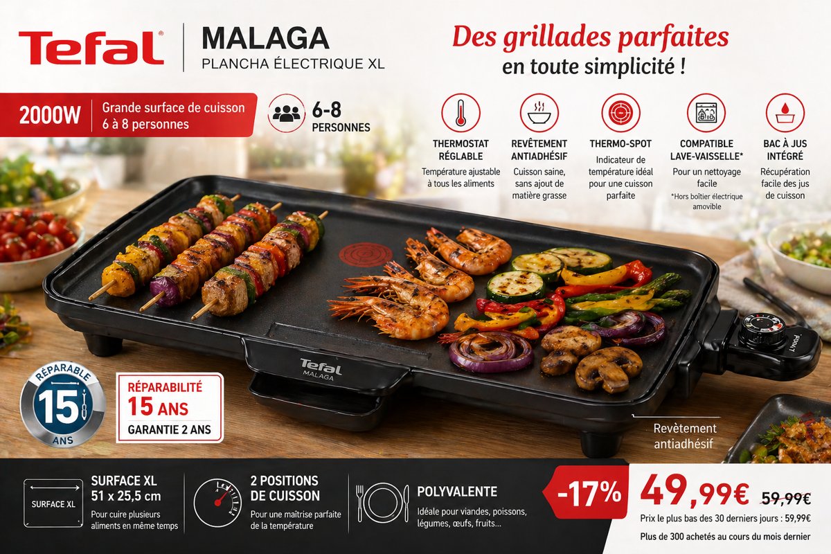 Tefal Malaga Plancha électrique XL 2000W