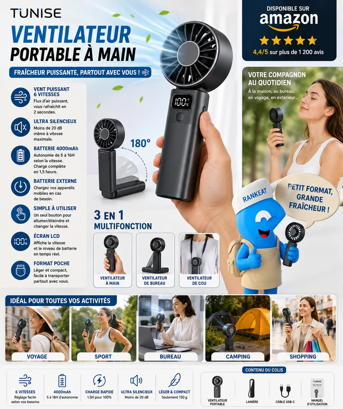 TUNISE Ventilateur Portable à Main — Mini pliable 180°, 6 vitesses
