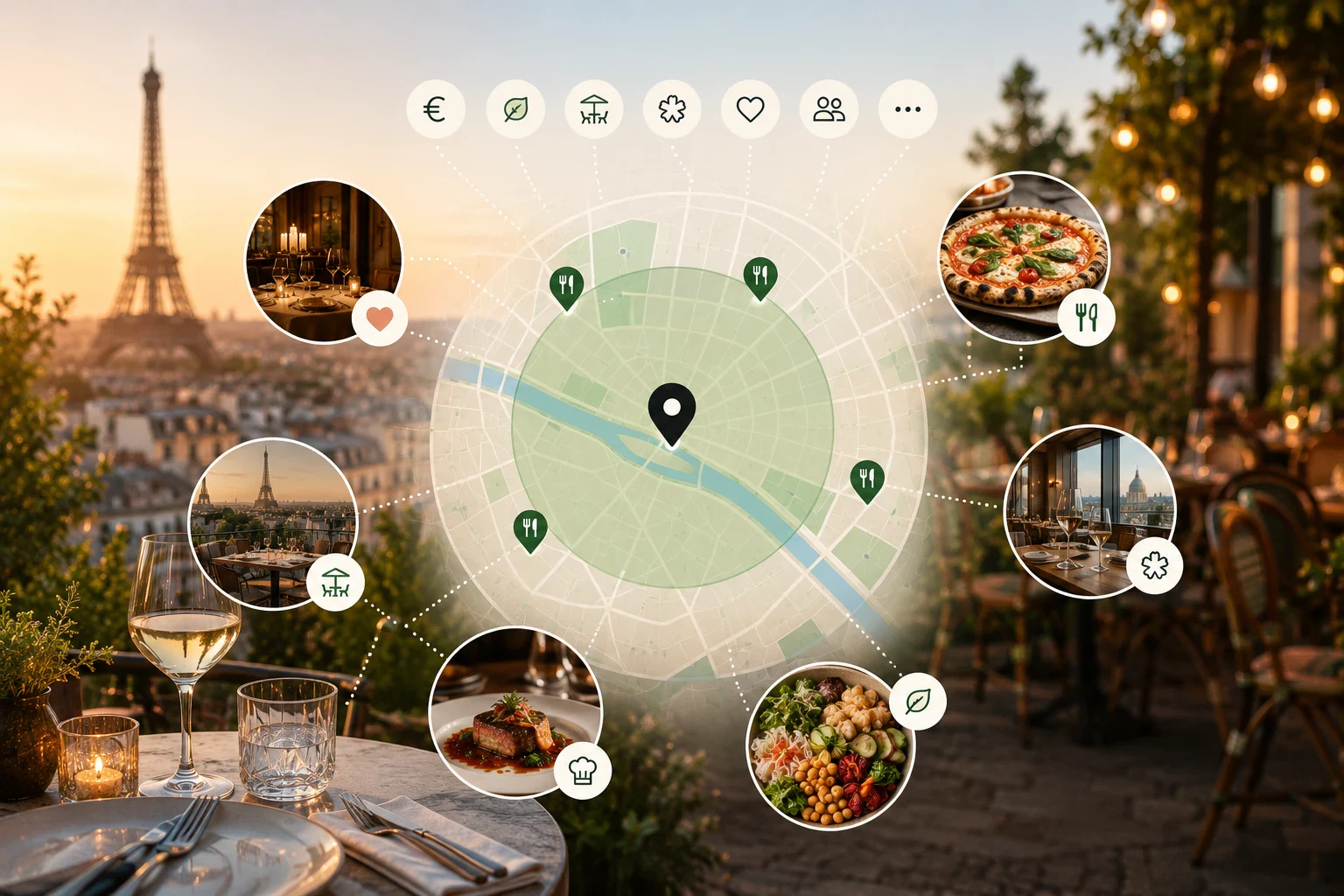 Carte d'une ville avec des restaurants s&eacute;lectionn&eacute;s selon vos crit&egrave;res