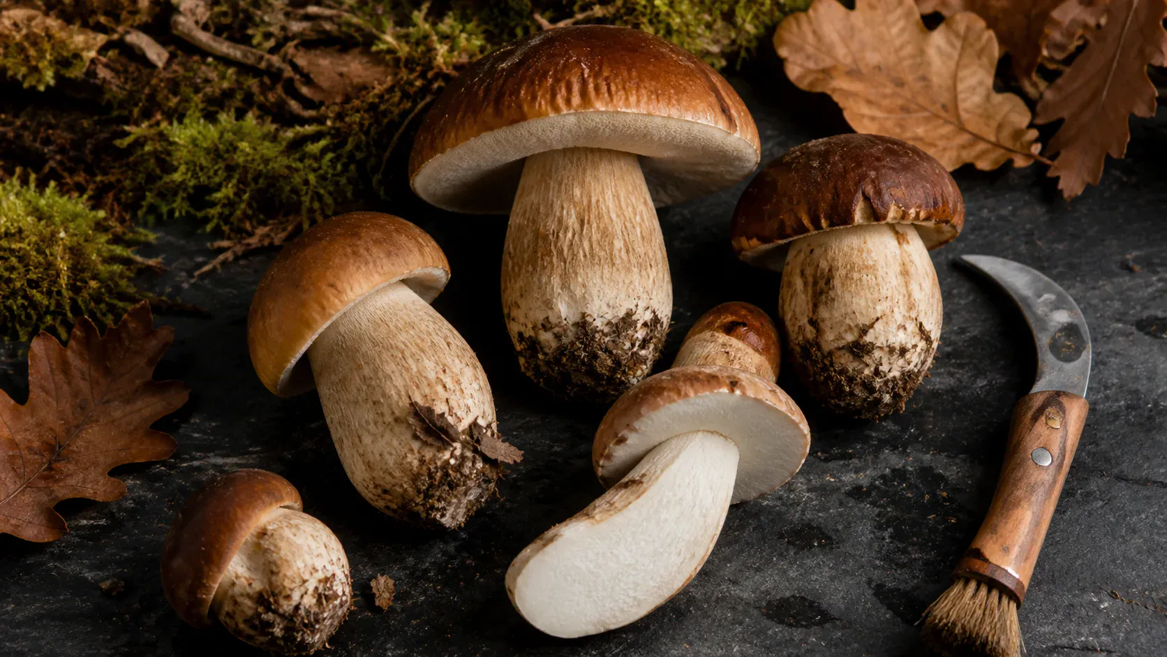 Cèpes de Bordeaux frais avec couteau et brosse de cueillette