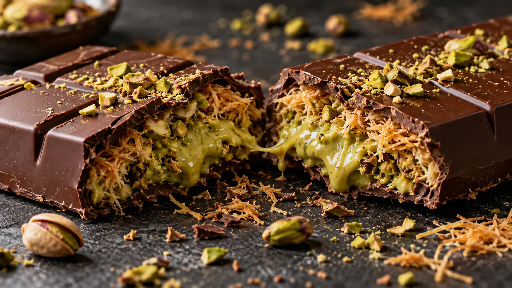 Chocolat à la pistache et pâte kadaïf illustrant les textures virales sur TikTok