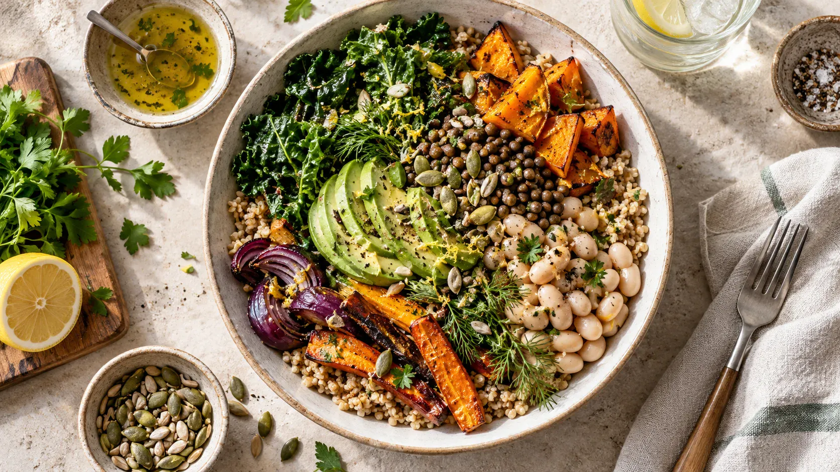 Bowl de légumineuses, céréales et légumes inspiré de la tendance fibermaxxing