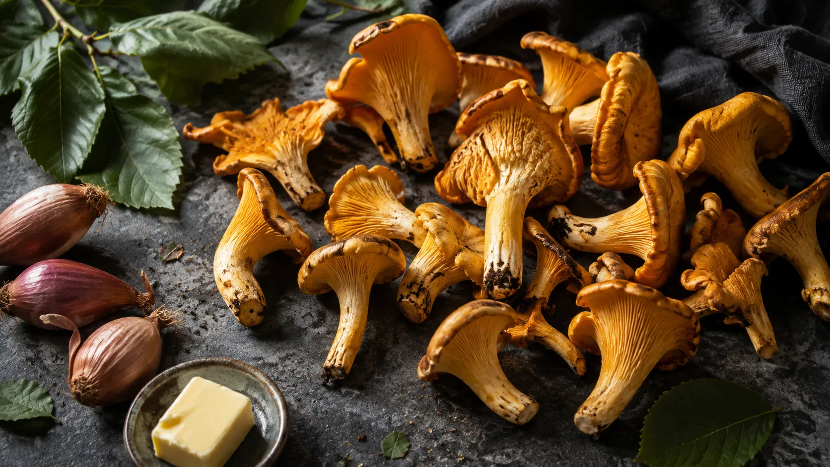 Girolles fraîches jaune abricot avec échalotes et beurre