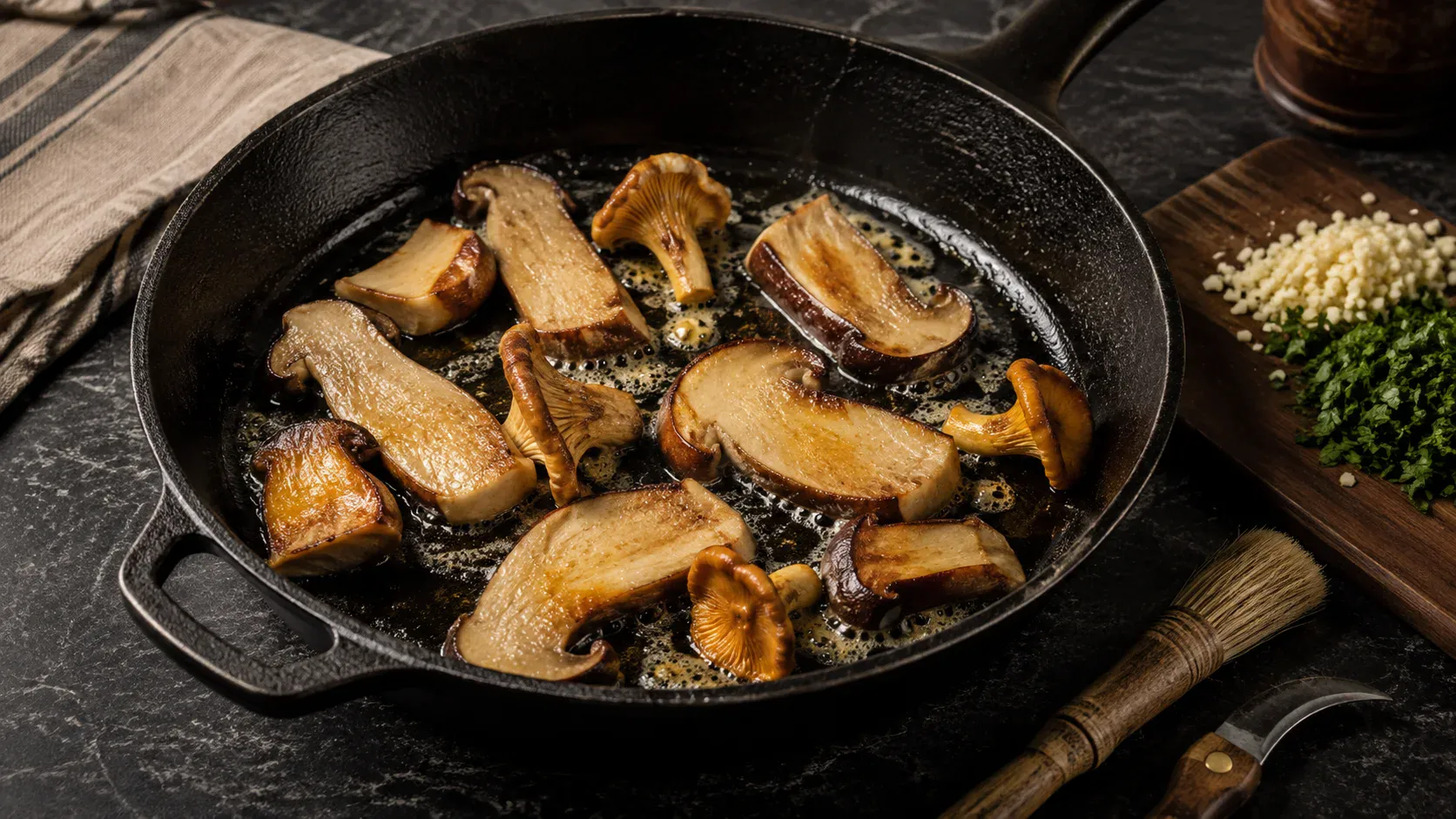 Poêlée de cèpes et girolles au beurre, ail et persil ajoutés en fin de cuisson