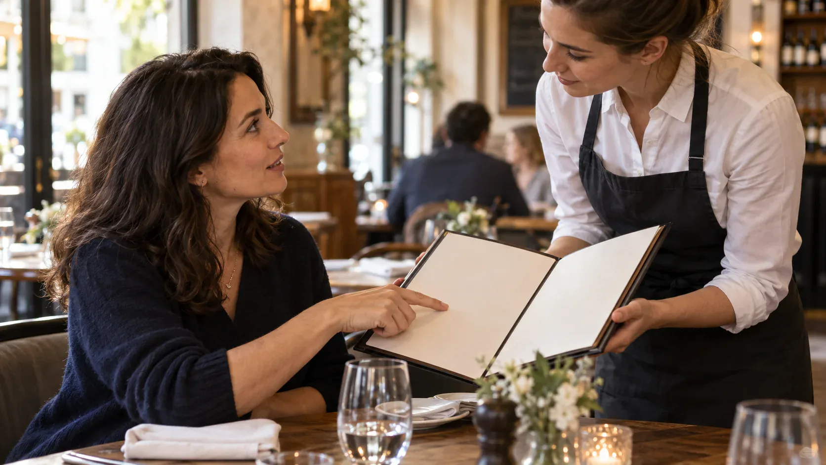 Cliente signalant son allergie alimentaire à un serveur au restaurant