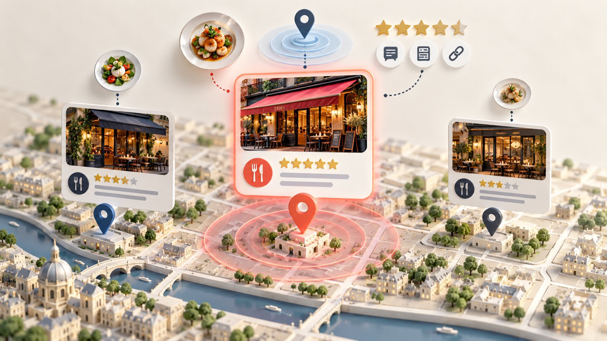 Restaurants classés sur une carte selon la distance, la pertinence et la notoriété