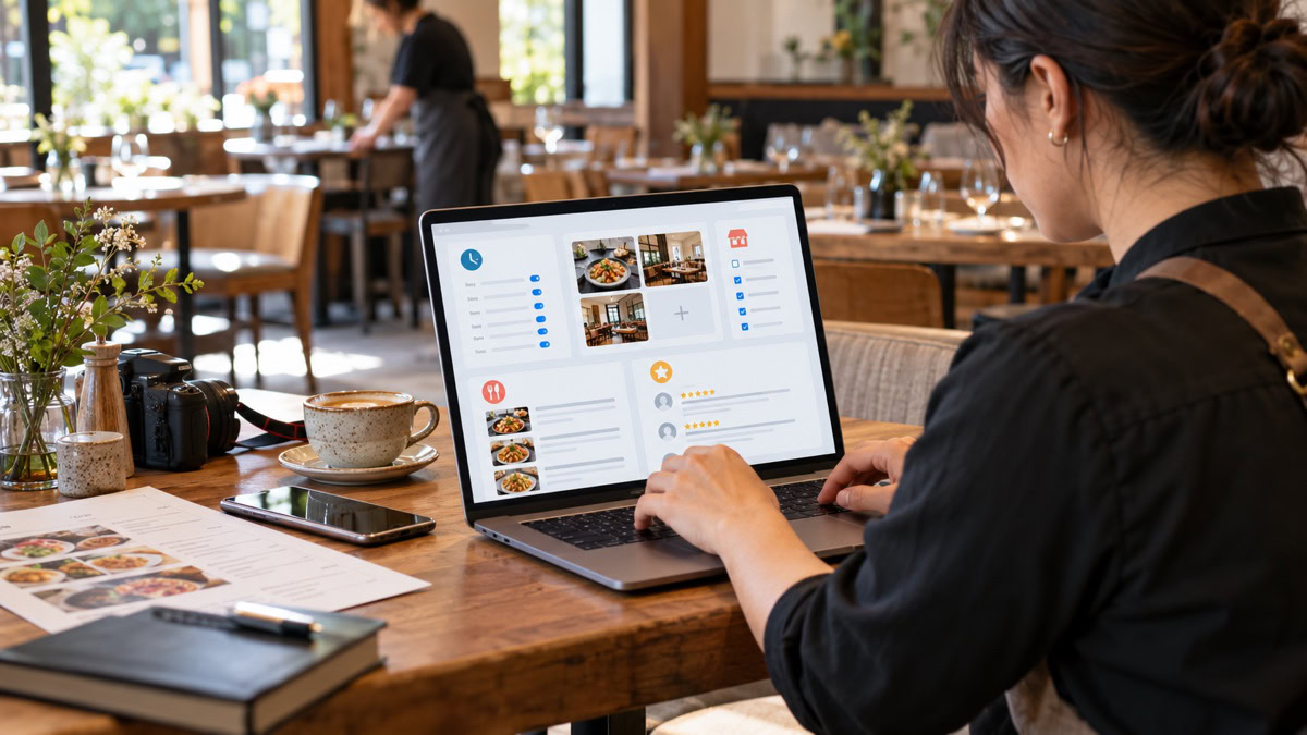 Restauratrice mettant à jour les horaires, photos, menu et avis de son établissement