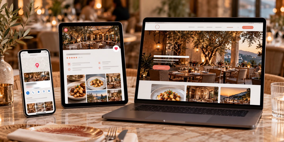 Fiche locale, page Rankeat et site officiel d’un restaurant affichés sur trois appareils